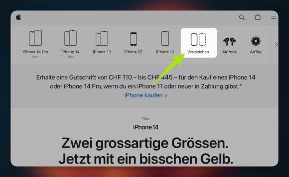 Der Weg zu jenem Bereich der Apple-Website, in dem die verschiedenen Geräte verglichen werden