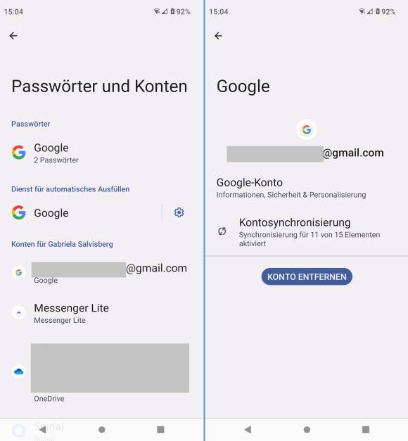 Screenshots zeigen, wie Konten entfernt werden