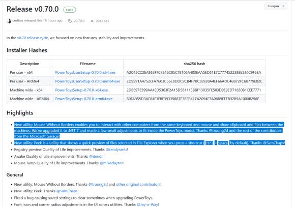 Screenshot der Release Notes der PowerToys, Version 0.70.0 