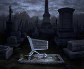 Einkaufswagen auf einem düsteren Friedhof als Symbolbild für das Ende des Onlineshop-Zeitalters