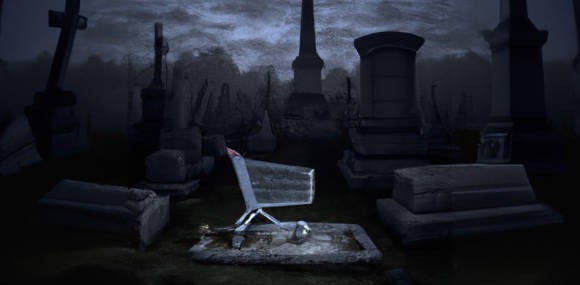 Einkaufswagen auf einem düsteren Friedhof als Symbolbild für das Ende des Onlineshop-Zeitalters 