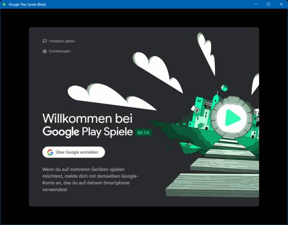 Das Play-Spiele-Fenster bittet ums Einloggen mit dem Google-Konto