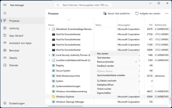 Task-Manager mit dem Task "Windows-Explorer"