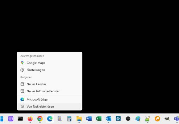 Screenshot zeigt das Kontextmenü einer Taskleisten-Verknüpfung 