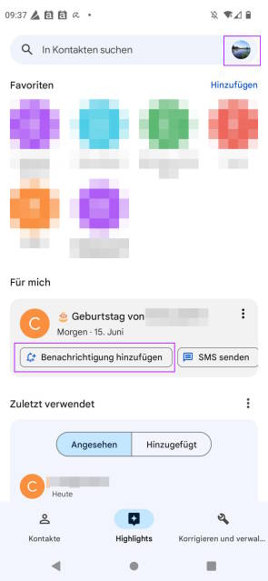 Highlights-Tab in der Kontakte-App