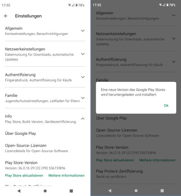 Zwei Screenshots zeigen den Update-Vorgang