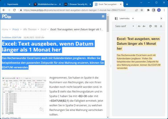 PCtipp-Artikel in Chrome mit dem nur so halb funktionierenden Lesemodus