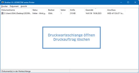 Screenshot der Druckwarteschlange unter Windows 