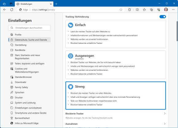 Die Tracking-Einstellungen bei Edge