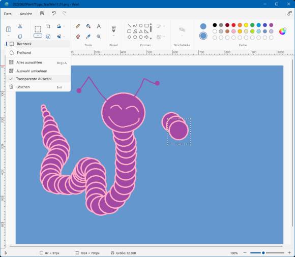 Das Paint-Menü mit der transparenten Auswahl
