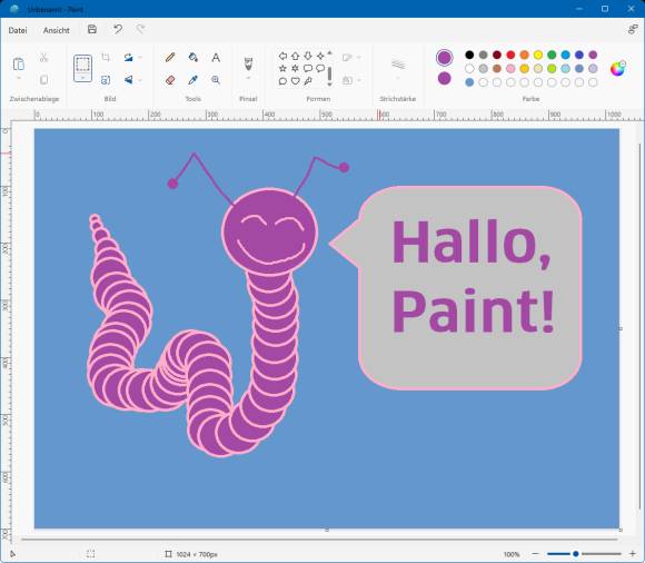 Screenshot einer Zeichnung eines violetten Tatzelwurms in Paint 