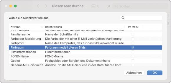 Die zusätzlichen Suchkriterien, zum Beispiel für den Farbraum