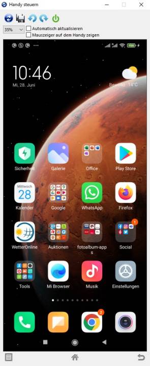 Smartphone-Display in einem Fenster unter Windows