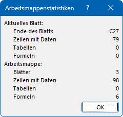 Die Excel-Arbeitsmappenstatistiken Kleines Fenster mit Arbeitsmappen-Infos