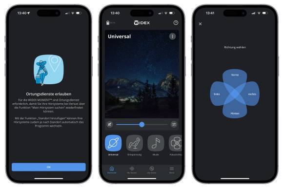 Drei Screenshots der Widex-App