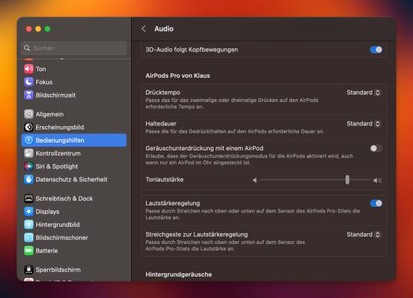 Die Systemeinstellung für die AirPods Pro