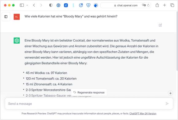 Ein Browser-Fenster, in dem ChatGPT eine Frage nach einem Rezept für einen Drink beantwortet