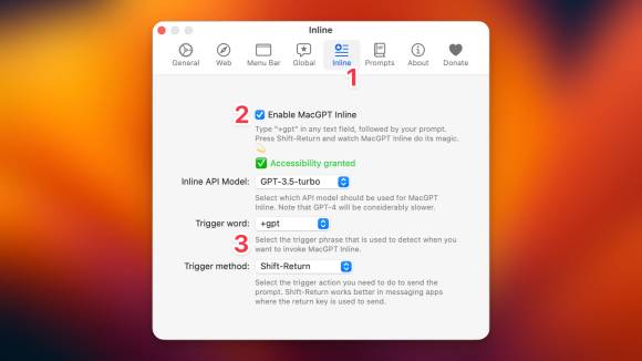 Die Funktion «Inline» wird in MacGPT aktiviert