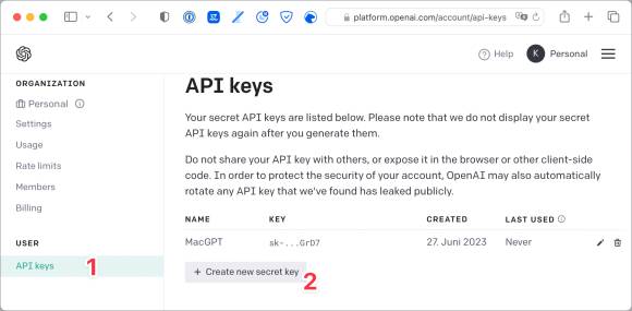 Der Ort, wo bei ChatGPT ein neuer API-Key erzeugt wird