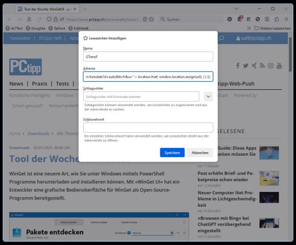 Screenshot zeigt das Erstellen des Bookmarklets im Firefox