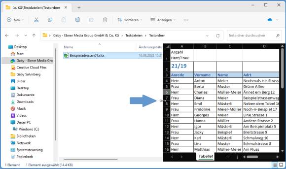 Screenshot zeigt Excel-Liste in der Explorer-Vorschau