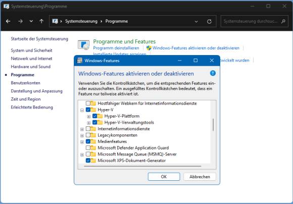 Das Aktivieren der Hyper-V-Funktionen in Windows