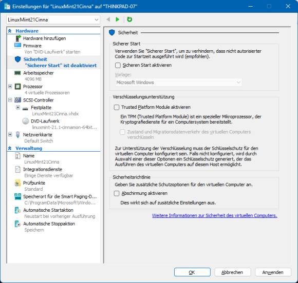 Der Hyper-V-Manager mit Einstellungen für unsere Mint-VM