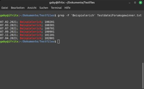 Linux-Terminal mit dem gefilterten Resultat