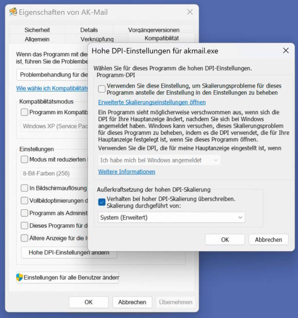 Die High-DPI Einstellungen für ein älteres Programm in Windows 11
