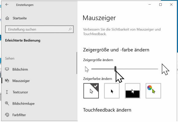 Die Einstellungen zur Grösse des Mauszeigers unter Windows 10