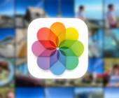 Unscharfe Fotos im Hintergrund, vorne das Symbol der Fotos-App