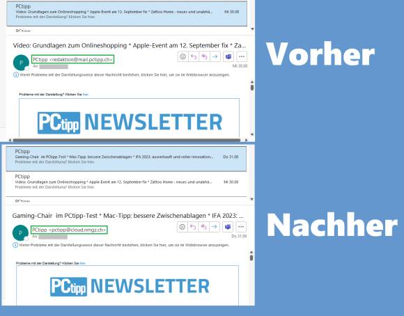 Screenshots vergleichen den Newsletter-Absender vorher und nachher 