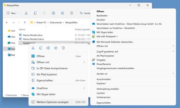 Screenshot Win-11- und klassisches Kontextmenü 