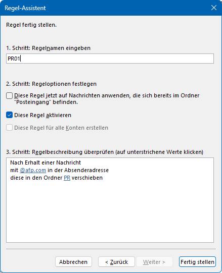 Wählen Sie den Regelnamen PR01 oder passen Sie den Namen der Regel später im Makro an Die Regel-Details