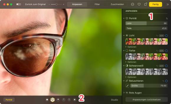 Der Porträt-Effekt wird am Mac angepasst
