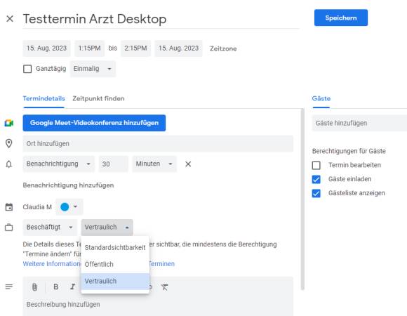 Webversion Google Kalender/Detailansicht Termin 