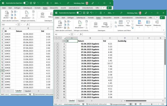 Excel-Liste mit Zeiteinträgen vorher und nach der Gliederung 