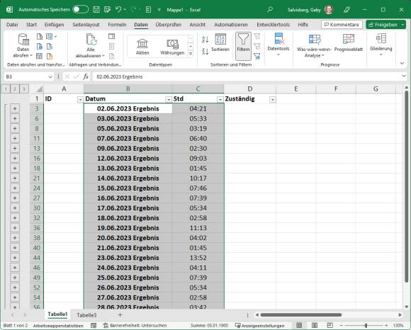 Excel-Liste mit addierten Stunden pro Tag 