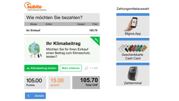 Screenshot zeigt Beispiel eines optionalen Klimabeitrags beim Bezahlen 