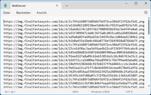 Ein Notepad-Fenster enthält eine lange Liste von Bild-Links
