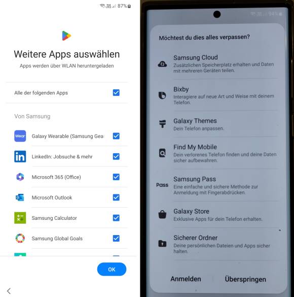 Inbetriebnahme: Deaktivieren der Apps und überspringen der Samsung-Zusätze