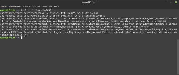 Linux-Konsole listet Schriften auf, die das gesuchte Zeichen enthalten