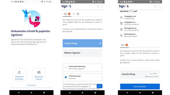Screenshots aus der App zum Swisscom-Sign-Feature 