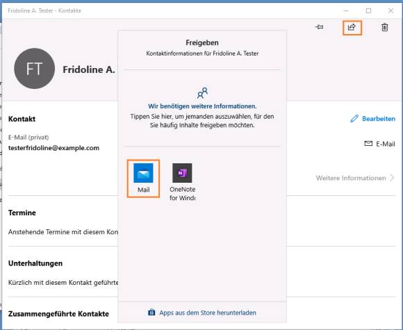 Screenshot zeigt die Funktion "Kontakt teilen"