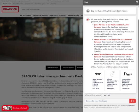 Chatbot auf Brack.ch in Aktion 