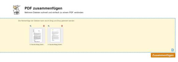 Screenshot zeigt das gelbe Feld, in das Sie die PDFs per Maus ziehen können