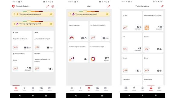 Drei Screenshots aus der Schweizer Energie-Info-App zeigen Versorgungslage  