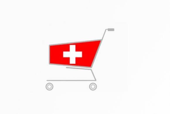 Piktogramm eines Einkaufswagens mit Schweizerkreuz 