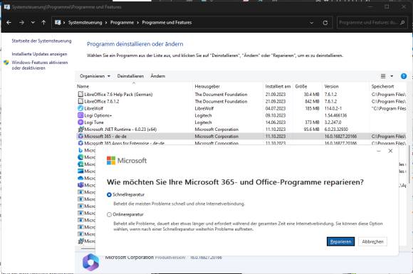 Aus der Systemsteuerung wird die Office-Reparatur gestartet