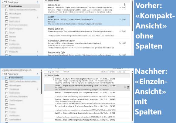 Vorher (oben): Outlook ohne Spalten, nachher (unten) mit Spalten 